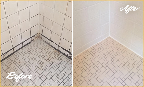 Before and After Picture of a Shower with Damaged Caulking on the Joints