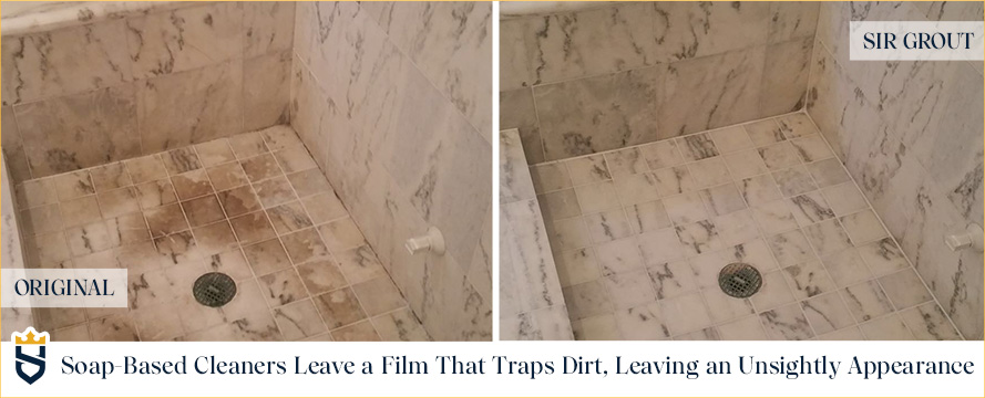 Picture of a Marble Shower Floor Before and After a Honing and Polishing Service Showint that Soap-based cleaners leave a film that traps dirt, leaving an unsightly appearance