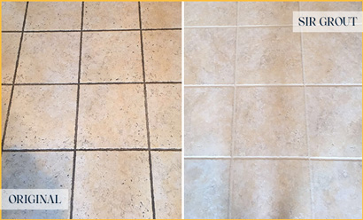 Before and after picture of a grout repair, recolor and sealing