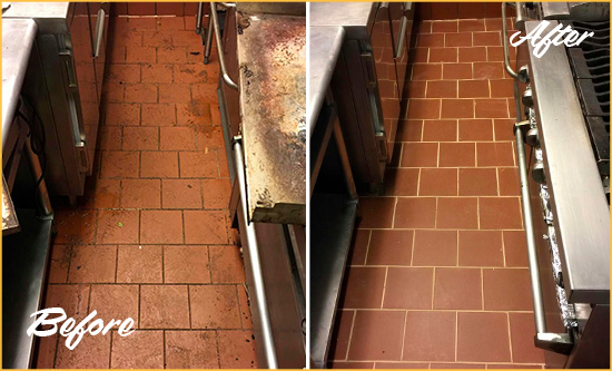 Before and After Picture of a Apache Junction Restaurant Kitchen Tile and Grout Cleaned to Eliminate Dirt and Grease Build-Up