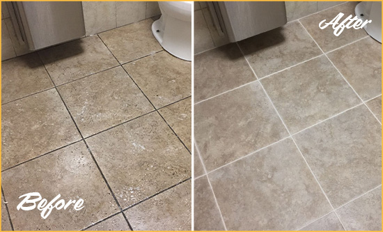 Sir Grout Cleans this Gilbert Restroom Tile and Grout to Remove Soil Before and After Picture of a Gilbert Restroom Tile and Grout Cleaned to Remove Soil