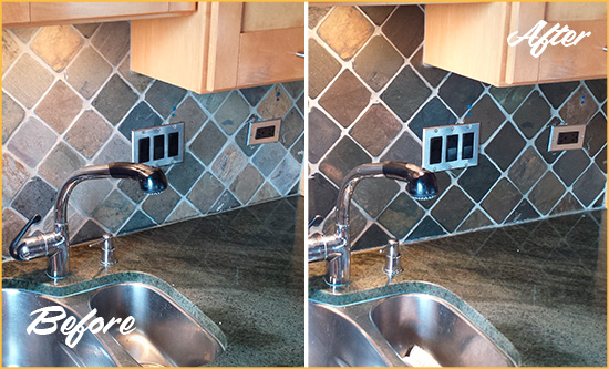 Before and After Picture of a Maricopa Backsplash Caulked to Fix and Prevent Water Leaks