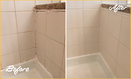 Before and After Picture of a Maricopa Shower Caulked to Repair Damaged Caulking