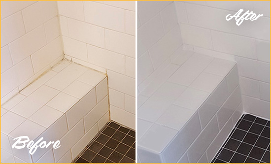 Before and After Picture of a Maricopa Shower Seat Caulked to Protect Against Mold and Mildew Growth
