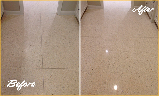 Sir Grout Polishes this Apache Junction Granite Stone Floor to Repair Dullness Before and After Picture of a Apache Junction Granite Stone Floor Polished to Repair Dullness