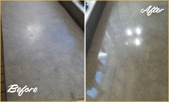 Before and After Picture of a Dull Maricopa Limestone Countertop Polished to Recover Its Color