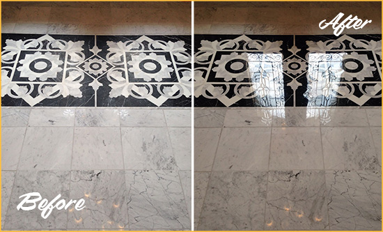 Sir Grout Polishes this Apache Junction Marble Stone Floor to a Mirror Shine Before and After Picture of a Apache Junction Marble Stone Floor Polished to a Mirror Shine