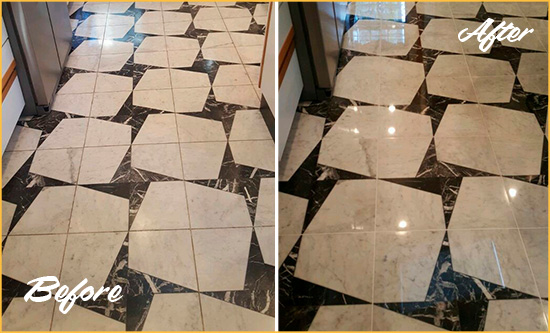 Sir Grout Polishes this Dull Apache Junction Marble Stone Floor To Recover Its Luster Before and After Picture of a Dull Apache Junction Marble Stone Floor Polished To Recover Its Luster