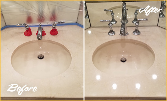 Sir Grout Polishes this Dull Apache Junction Marble Stone Vanity Top to Bring-Back Its Sheen Before and After Picture of a Dull Apache Junction Marble Stone Vanity Top Polished to Bring-Back Its Sheen