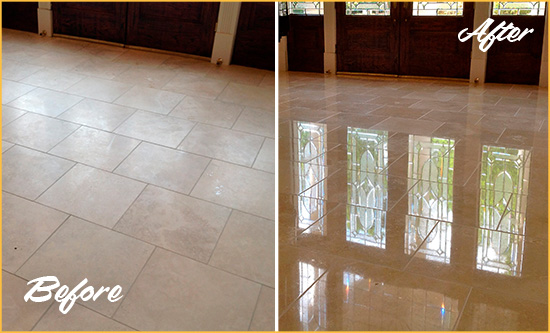Sir Grout Polishes this Dull Apache Junction Travertine Stone Floor to Recover Its Gloss Before and After Picture of a Dull Apache Junction Travertine Stone Floor Polished to Recover Its Gloss