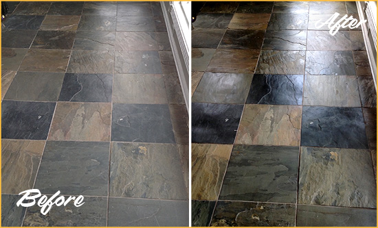 Sir Grout Seals this Dull Apache Junction Slate Floor to Bring Back Its Colors Before and After Picture of a Dull Apache Junction Slate Floor Sealed to Bring Back Its Colors