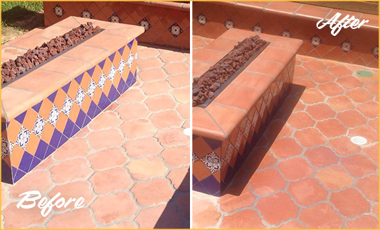 Sir Grout Seals this Dull Apache Junction Terracotta Patio Floor For UV Protection Before and After Picture of a Dull Apache Junction Terracotta Patio Floor Sealed For UV Protection