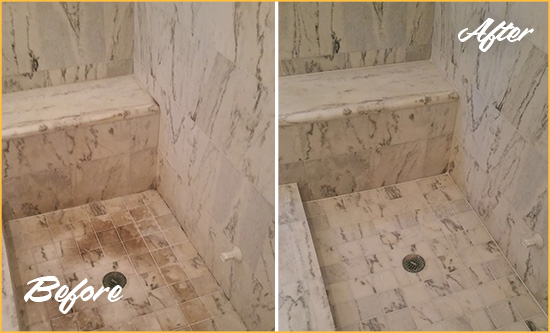 Sir Grout Cleans this Dirty Apache Junction Marble Shower to Eliminate Dark Stains Before and After Picture of a Dirty Apache Junction Marble Shower Cleaned to Eliminate Dark Stains