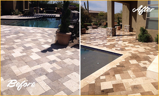 Sir Grout Cleans this Dull Apache Junction Travertine Pool Deck to Recover Its Original Colors Before and After Picture of a Dull Apache Junction Travertine Pool Deck Cleaned to Recover Its Original Colors