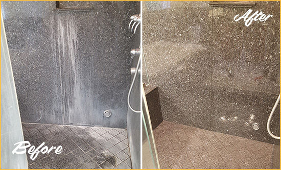 Sir Grout Cleans this Apache Junction Granite Shower to Remove Mineral Deposits Before and After Picture of a Apache Junction Granite Shower Cleaned to Remove Mineral Deposits