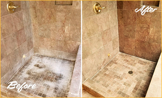 Sir Grout Cleans this Apache Junction Travertine Shower to Eliminate Water Spots Before and After Picture of a Apache Junction Travertine Shower Cleaned to Eliminate Water Spots