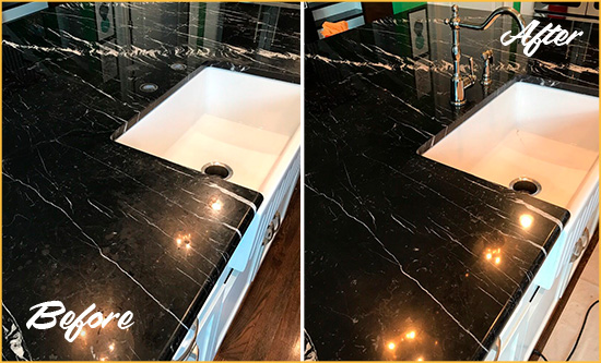 Before and After Picture of a Sun Lakes Marble Kitchen Countertop Stone Sealed to Avoid Water Damage