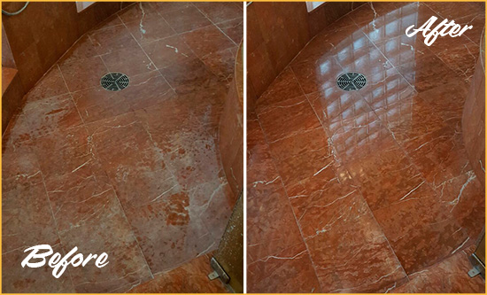 Before and After Picture of Damaged Sun Lakes Marble Floor with Sealed Stone