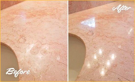 Sir Grout Seals this Apache Junction Marble Stone Vanity Top to to Avoid Water Marks Before and After Picture of a Apache Junction Marble Stone Vanity Top Sealed to Avoid Water Marks