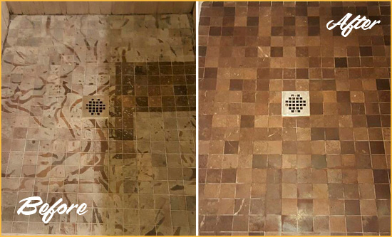 Sir Grout Hones this Apache Junction Marble Shower to Remove Etching Before and After Picture of a Apache Junction Marble Shower Honed to Remove Etching
