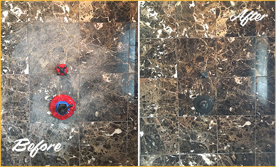 Before and After Picture of a Higley Marble Shower Honed to Remove Scratches