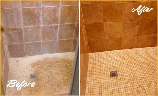 Before and After Picture of a Higley Travertine Shower Honed to Remove Mineral Deposits