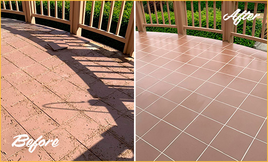 Sir Grout Restored This Worn Out Tempe Tile Floor Before and After Picture of a Tempe Hard Surface Restoration Service on a Tiled Deck