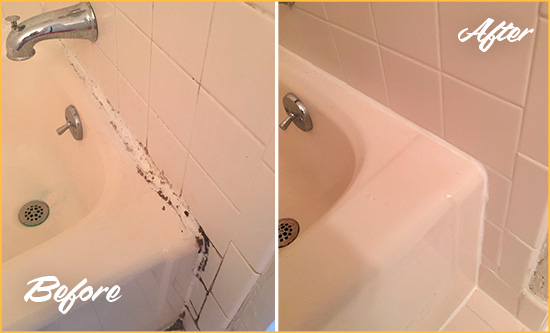 Sir Grout Restored This Tempe Tile Shower to Repair Damaged Caulking Before and After Picture of a Tempe Hard Surface Restoration Service on a Tile Shower to Repair Damaged Caulking