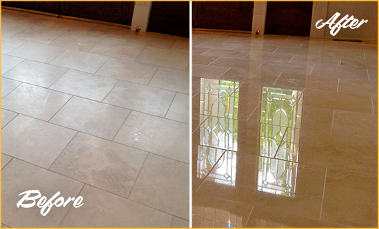 Sir Grout Restored This Tempe Dull Travertine Floor to Recover Its Splendor with a Stone Polishing Service Before and After Picture of a Tempe Hard Surface Restoration Service on a Dull Travertine Floor Polished to Recover Its Splendor
