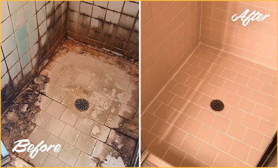 Sir Grout Restored This Tempe Tile Bathroom to Repair Water Damage Before and After Picture of a Tempe Hard Surface Restoration Service on a Tile Bathroom to Repair Water Damage