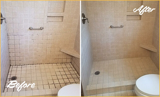 Sir Grout Cleans the Grout on this Apache Junction Moldy Shower Before and After Picture of a Apache Junction Shower Grout Cleaned to Remove Mold