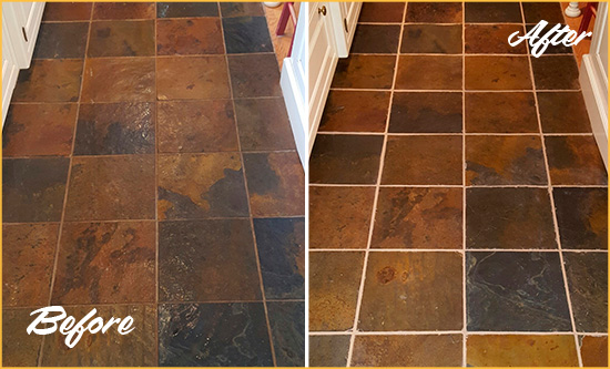 Sir Grout Cleans the Grout on this Apache Junction Slate Floor Before and After Picture of Apache Junction Slate Floor Grout Cleaned to Remove Dirt