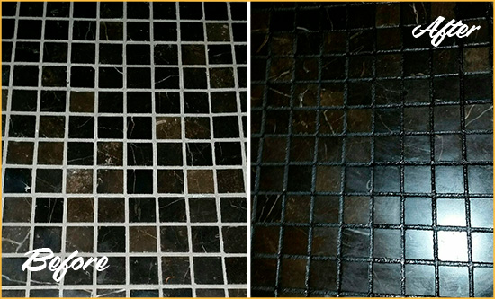 Sir Grout Recolored the Grout of this Apache Junction Black Tile Floor Before and After Picture of a Apache Junction Black Floor with Recolored Grout