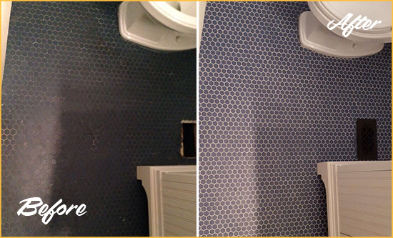 Sir Grout Recolors the Grout on this Apache Junction Blue Tile Floor Before and After Picture of a Apache Junction Blue Tile Floor Recolored Grout