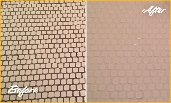 Sir Grout Recolors the Grout of this Apache Junction White Mosaic Tile Before and After Picture of a Apache Junction White Mosaic Tile Recolored Grout