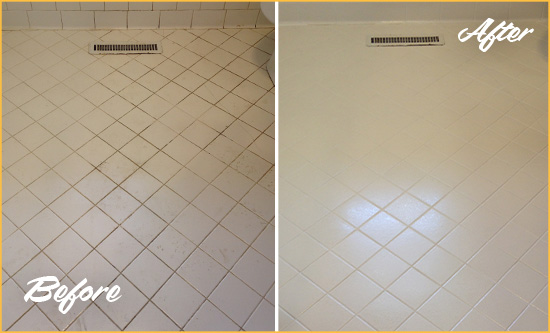 Sir Grout Seals the Grout of this Apache Junction White Bathroom Floor for Extra Protection Before and After Picture of a Apache Junction White Bathroom Floor Grout Sealed for Extra Protection