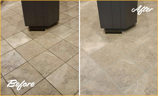 Sir Grout Seals this Stained Apache Junction Kitchen Floor Grout to Remove Stains Before and After Picture of a Apache Junction Kitchen Floor Grout Sealed to Remove Stains
