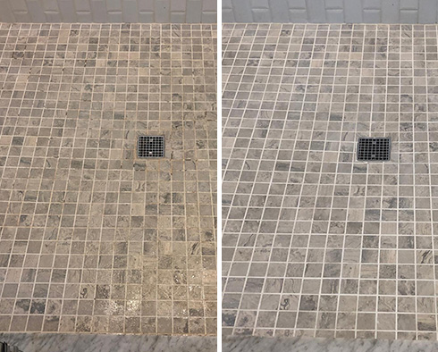 Shower Floor Before and After a Tile Cleaning in Scottsdale