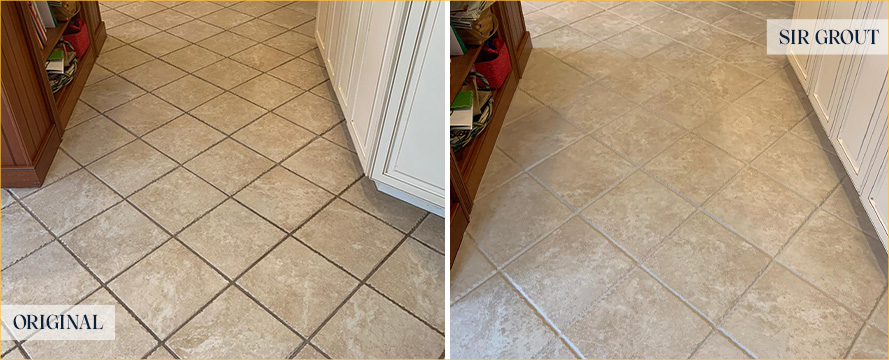 Kitchen Floor Before and After Our Paradise Valley Grout Recoloring Service